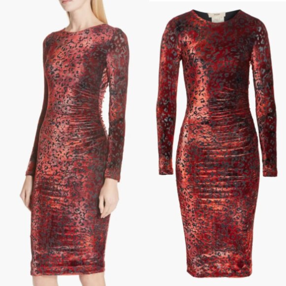 Fuzzi Velvet Bodycon Cocktail Dress Red Sz XL Burn-out Leopard Pattern Shirred - Picture 2 of 10
